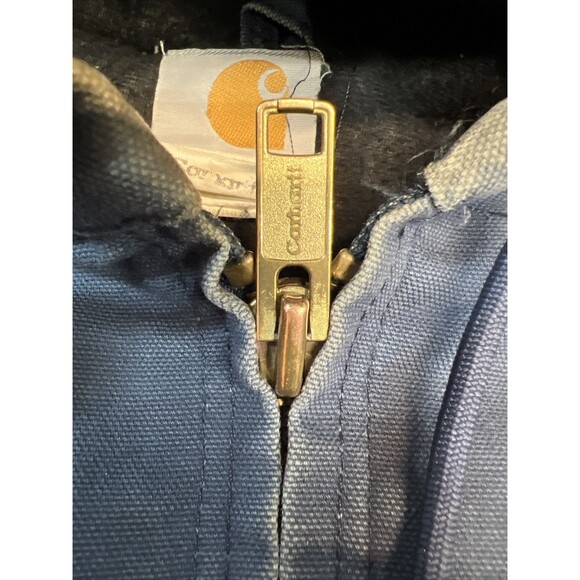 Vtg Carhartt Jacket Navy DISTRESSED Duck Canvas Quilted Hooded Coat See Pics - Picture 7 of 15